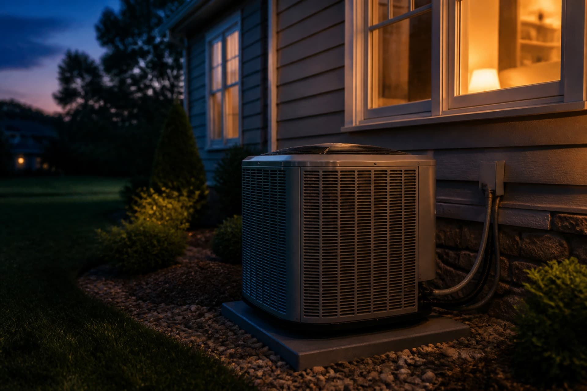 Outdoor AC unit at dusk