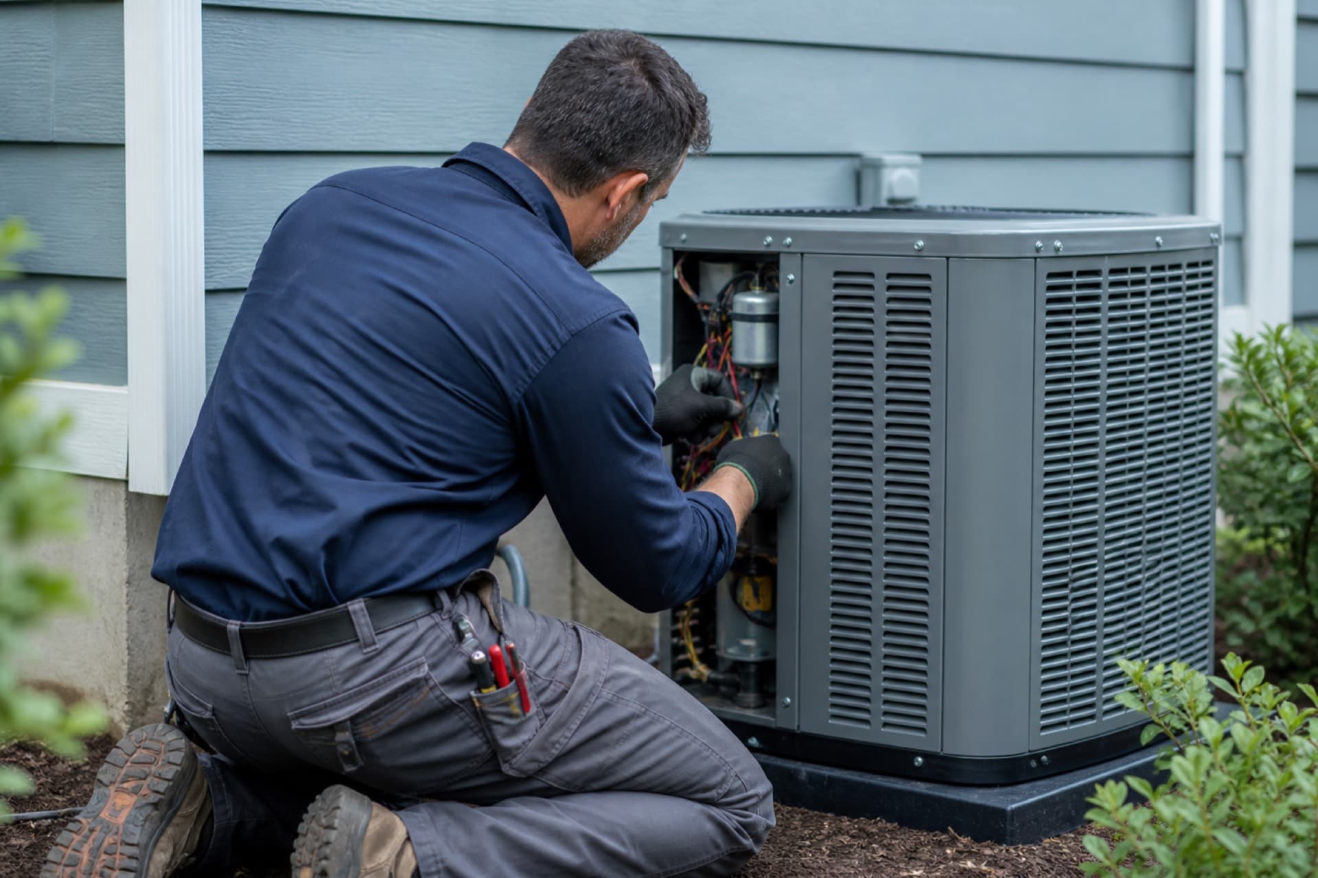 HVAC technician servicing an outdoor air conditioning unit